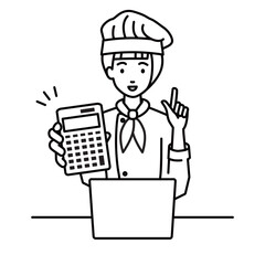 a woman cook recommending, proposing, showing estimates and pointing a calculator with a smile in front of laptop pc
