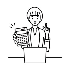 a woman in work jacket style recommending, proposing, showing estimates and pointing a calculator with a smile in front of laptop pc in front of laptop pc