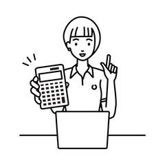 a woman in polo shirt recommending, proposing, showing estimates and pointing a calculator with a smile in front of laptop pc