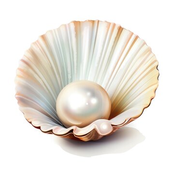 A pearl in a shell on a white background. Digital image.