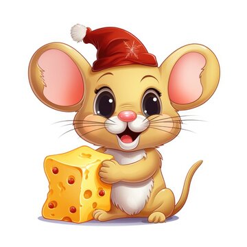 A cartoon mouse holding a piece of cheese. Digital image.