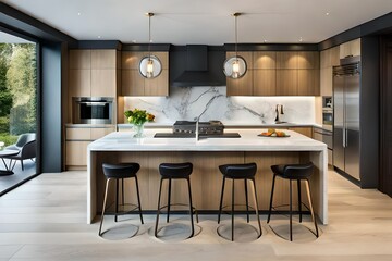 Front view of modern designer kitchen with smooth cupboards with black edges, white glassware, marble island and marble countertop