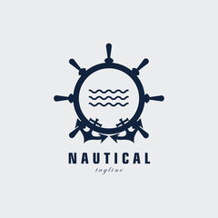 steering wheel anchor wave nautical logo design