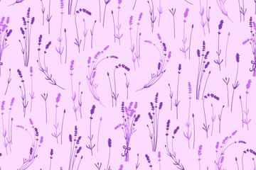 Lavender flowers seamless pattern. Floral branch and bouquet endless backdrop rustic design. Herbal abstract boundless ornament. Hand drawn wedding background, leaves repeat violet packaging wallpaper