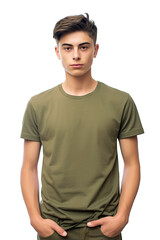 Obraz premium Olive green t-shirt mockup for teens and young adults,male model wearing blank tshirt with space for your design, lettering or logo.