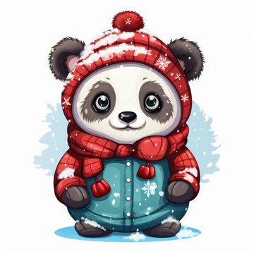 A cartoon panda bear wearing a winter coat and mittens. Digital image.