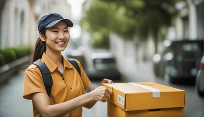 Smiling Asian postman with parcel - cardboard box, young woman delivers, online store delivery, close-up