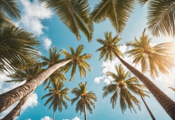 Fototapeta premium Blue sky and palm trees from below - vintage style, tropical beach, summer background, travel concept