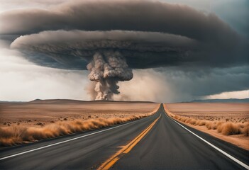 Asphalt road to nuclear explosion - terrible atomic blast, mushroom cloud, radioactive dust, hydrogen bomb test, nuclear catastrophe, way to war