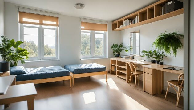 Bright and simple room for two students in student dormitory