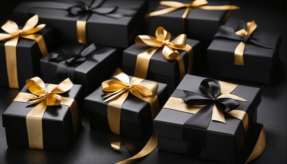 Black arranged gift boxes with ribbon and bow on black background for Black Friday