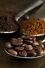 Macro Image of Coffee Beans, Instant Coffee and Grinded Coffee