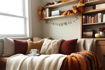 Autumn cozy mood. Fall cozy reading nook with a blanket, bookshelf filled with autumn-themed books, and a cup of tea. Side view