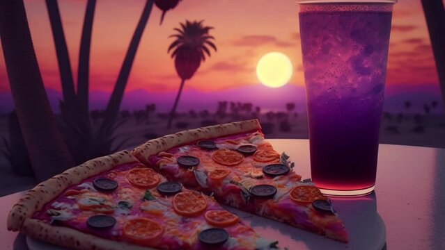 neon sunset on the beach and a slice of pizza on a plate and a glass of soda