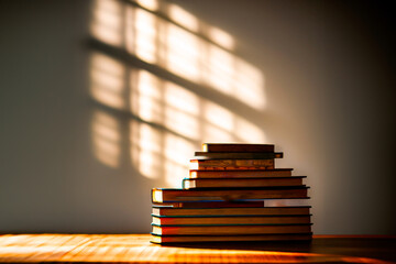 Old books on a table in a room with a window through which the sun's rays enter.