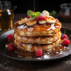 delicious brunch. Pancakes with honey and bananas
