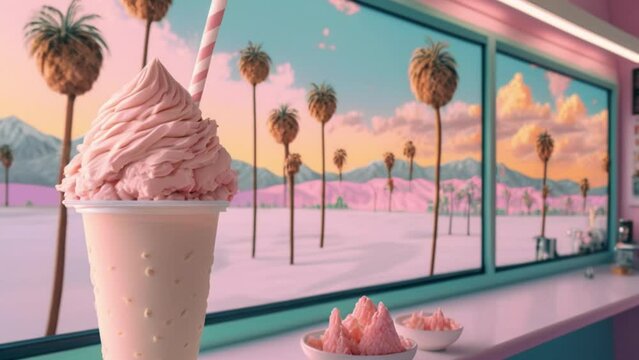 ice cream in a cup against the background of palm trees and a beach street. neon retrowave style.
