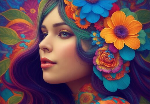 Psychedelic portrait of a woman with vibrant flowers, generative AI