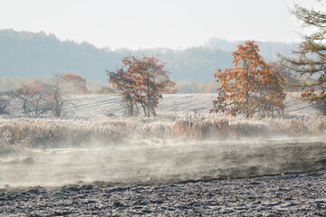 Obraz na płótnie Canvas Mist rising off recently ploughed fields on frosty october morning