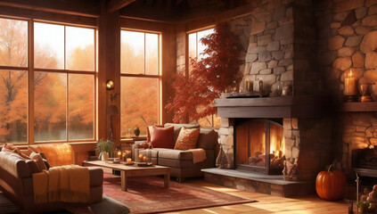 living room and warm fireplace, autumn season