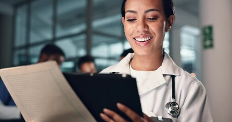 Doctor, woman and tablet with document, night and analysis for results, decision and info in hospital. Medic, digital touchscreen and paperwork for health, history and planning for thinking in clinic