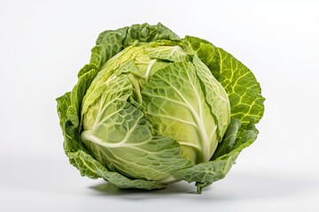 Fototapeta premium Green cabbage is seen alone on a white background. Generative AI