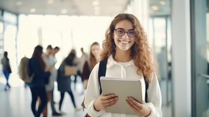 positive European woman student wearing backpack glasses holding books and tablet in university, Generative AI