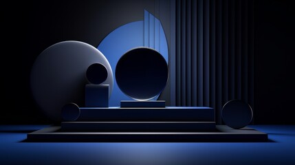 Abstract minimalistic dark blue scene with geometric shapes. visualization AI