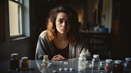 A woman with signs of depression taking prescription pills - obrazy, fototapety, plakaty