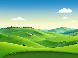 Fototapeta premium Natural evening landscape with green hills, catton illustration, ai generated