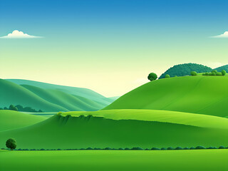 Natural evening landscape with green hills, catton illustration, ai generated