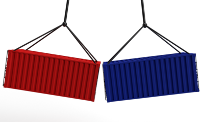 red blue orange color container import export loading cargo logistic warehouse terminal shipping metal delivery commercial object heavy industry global international trade technology symbol heavy box 