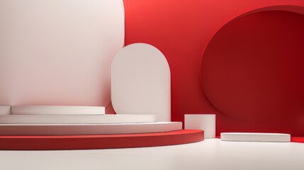 Abstract minimalistic red and white scene with geometric shapes. visualization AI