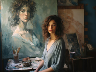 Beautiful woman artist standing in front of her painting