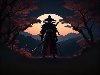 A beautiful Japanese nature background with a silhouette of a samurai warrior in the distinctive samurai costume
