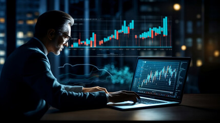 Businessman analyst working with digital finance business data graph showing technology of investment strategy for perceptive financial business decision