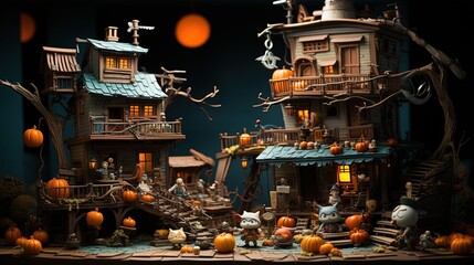 Halloween background with haunted houses and pumpkins