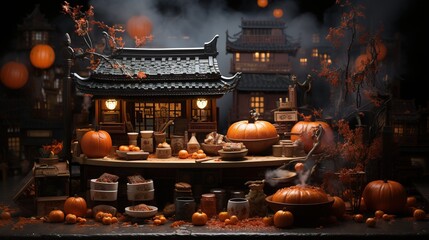 Halloween concept. Scary miniature of traditional japanese village with pumpkins and ghosts.