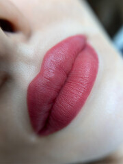 Fototapeta premium permanent makeup on the lips of a young woman of a delicate peach shade close-up, a girl after a cosmetic procedure with smooth and clean healthy skin.