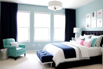 Preppy style bedroom with lamp and big window. Side view