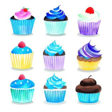 set of cupcakes with different colors. illustration