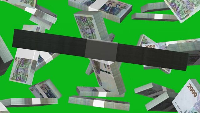 3D animation of stacks of Algerian dinar notes falling in front of green screen background