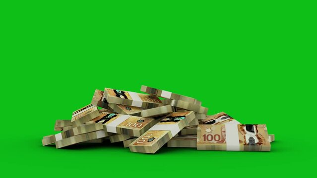 3d animation of stacks of 100 Canadian dollar notes falling on green screen floor. You can Key out or remove background to replace with a custom one. 3d rendering