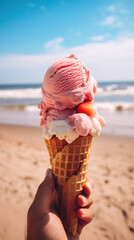 Hand holding strawberry ice cream on a sunny day at the beach