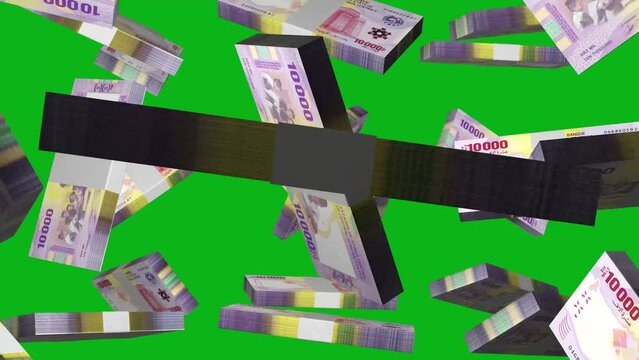 3D animation of stacks of Central African cfa franc notes falling in front of green screen background