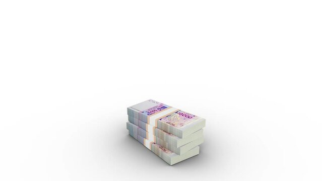 3d animation of stacks of 10000 West African cfa franc notes rising on greenscreen floor. You can Key out or remove background to replace with a custom one. 3d rendering