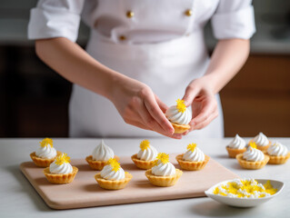 Pastry chef hands decorating yellow petit fours with meringue, mini desserts 