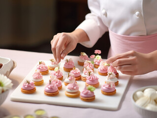 Pastry chef  hands decorating pink petit fours, mini desserts  - obrazy, fototapety, plakaty