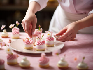 Fototapeta na wymiar Pastry chef hands decorating pink petit fours, mini desserts 