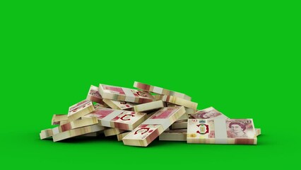 3d animation of stacks of British pound notes falling on green screen floor. You can Key out or remove background to replace with a custom one. 3d rendering